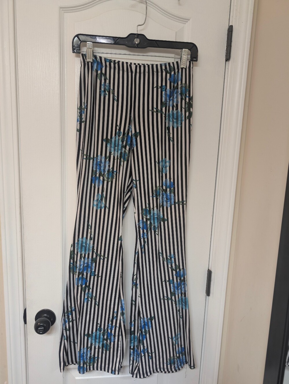 Rainbow Black & White Striped Leggings with Blue Floral Print